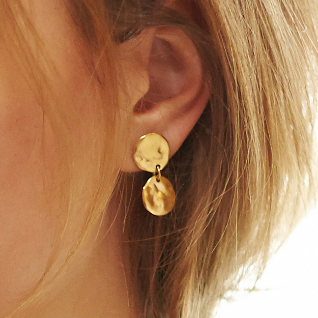 Hammered Yellow Gold Disc Double Drop Earrings