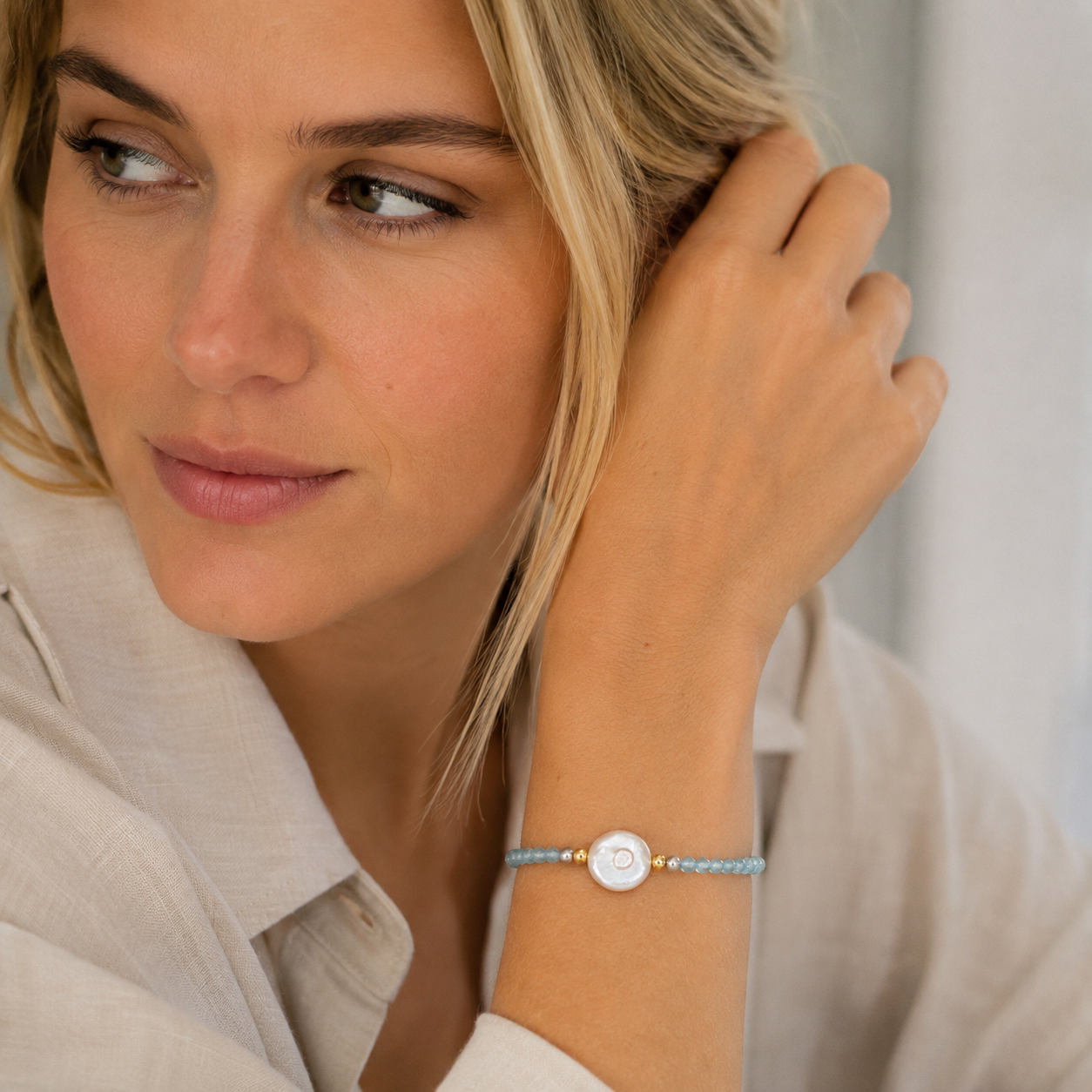 Blue Topaz & Freshwater Coin Pearl Bracelet