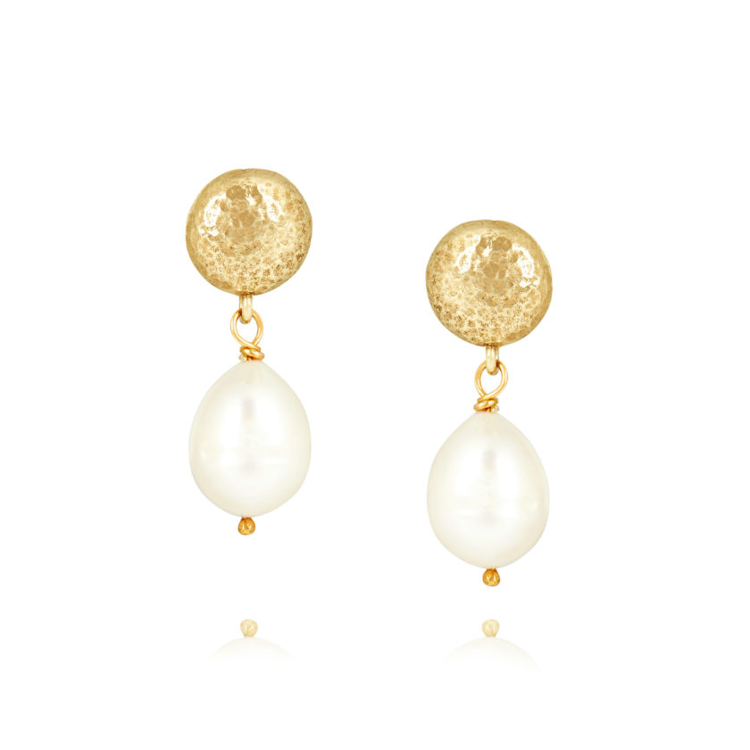 Gold Hammered Top Pearl Drop Earrings