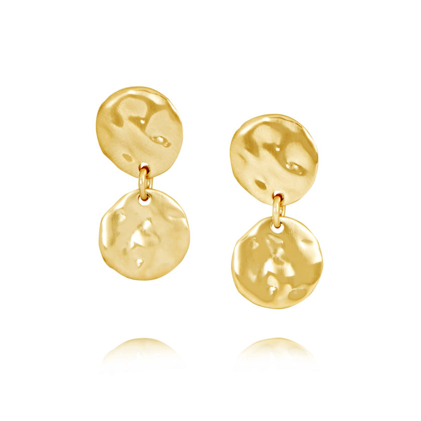 Hammered Yellow Gold Disc Double Drop Earrings