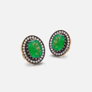 BIG EMERALD & DIAMOND STUD EARRINGS