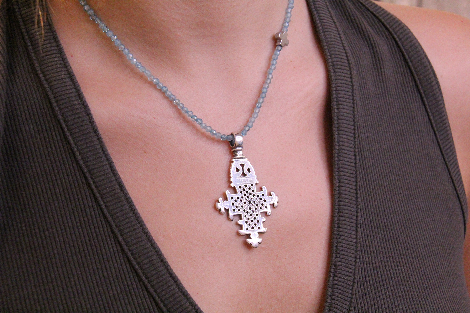 Cross Blue Topaz Necklace