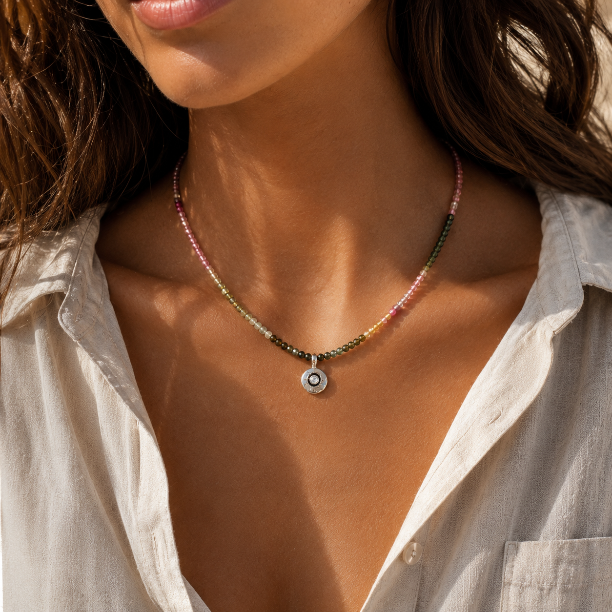 RAINBOW TOURMALINE AND DIAMOND PENDANT NECKLACE