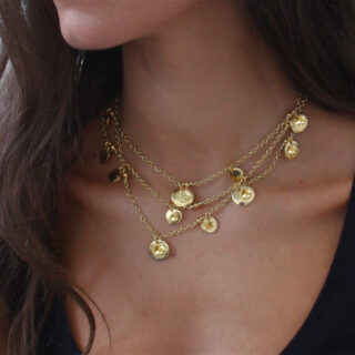 River Stone Yellow Gold Hammered Disc Chain Wrap Necklace
